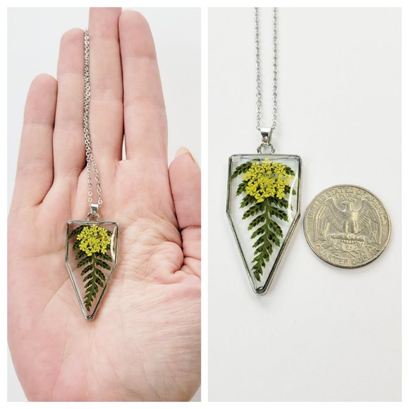 Floral Pendant Necklace Pressed Dried Flowers and Leaves Yellow and Green Floral - Picture 6 of 9